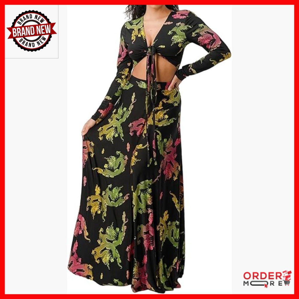 Long Sleeve Crop Top Maxi Skirt Set Tie Front Bohemian Two Piece
